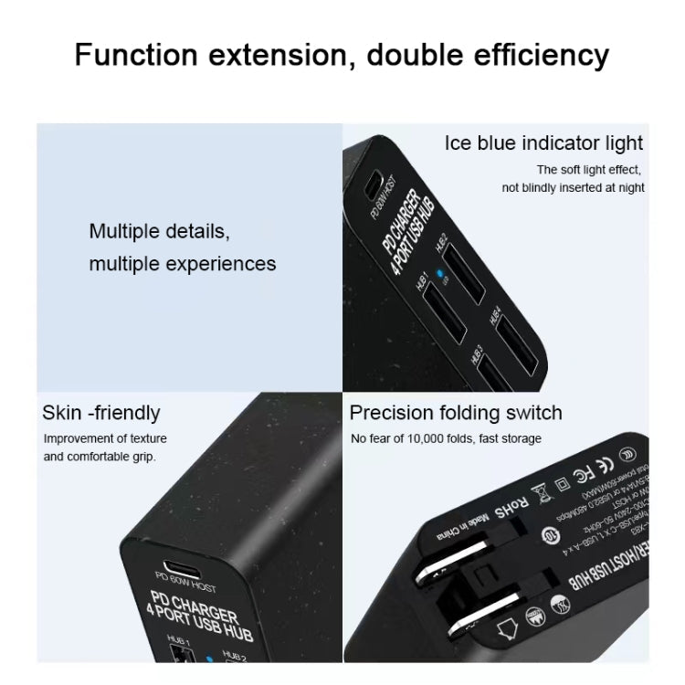 X83 Charger – 65W Output USB-C / Type-C + 4 Ports USB HUB PD Charger, US Plug, X83