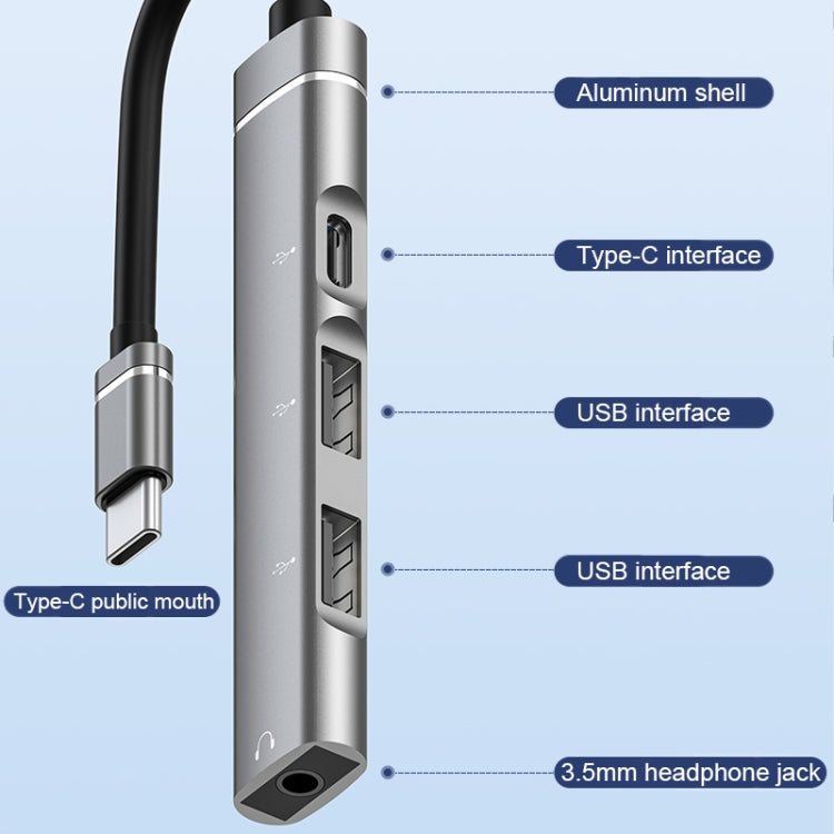 USB-C / Type-C to 3.5mm + 2USB + Type-C HUB Docking Station – Aluminum Alloy