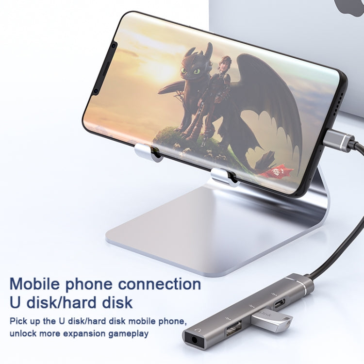 USB-C / Type-C to 3.5mm + 2USB + Type-C HUB Docking Station – Aluminum Alloy