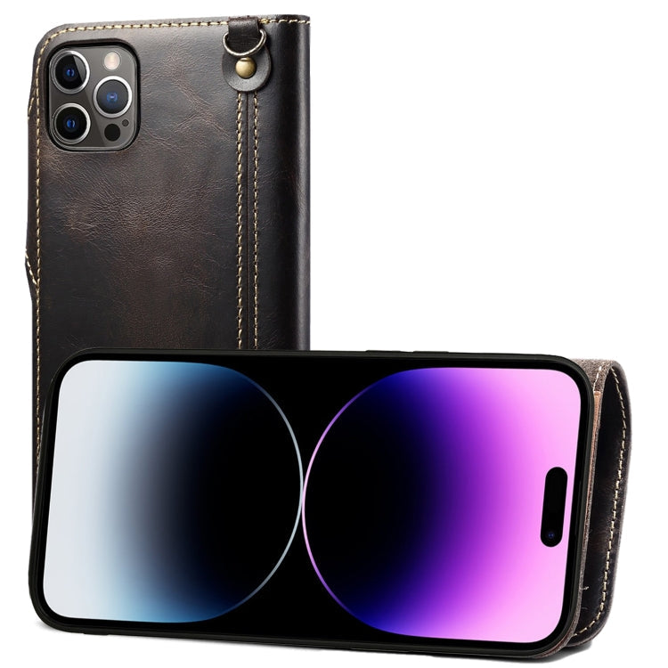 Denior Oil Wax Cowhide Magnetic Button Genuine Leather Case, For iPhone 14 Pro Max, For iPhone 14 Pro, For iPhone 14, For iPhone 14 Plus, For iPhone 13 Pro Max, For iPhone 13 Pro For iPhone 14 Pro Max Black