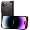 Denior Oil Wax Cowhide Magnetic Button Genuine Leather Case, For iPhone 14 Pro Max, For iPhone 14 Pro, For iPhone 14, For iPhone 14 Plus, For iPhone 13 Pro Max, For iPhone 13 Pro For iPhone 14 Pro Max Black