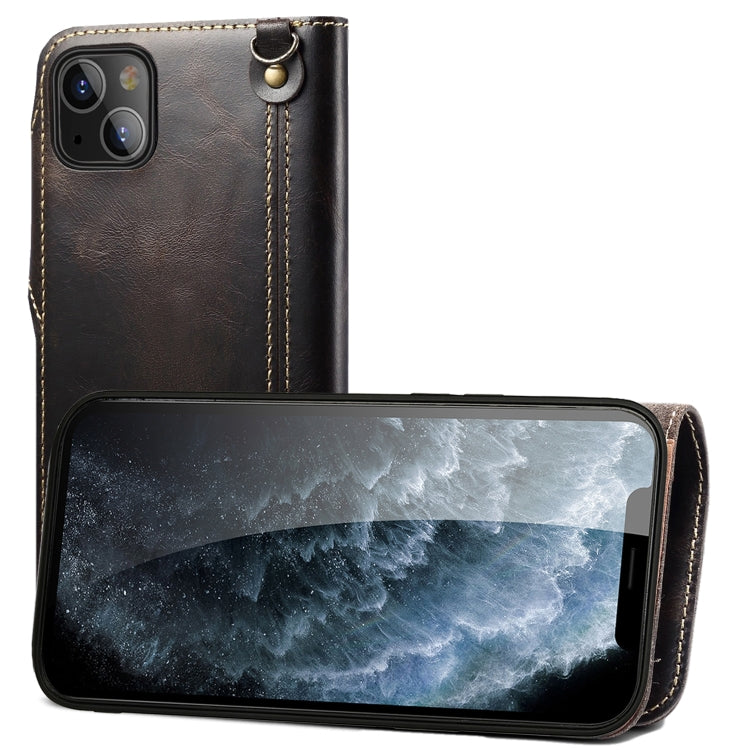 Denior Oil Wax Cowhide Magnetic Button Genuine Leather Case, For iPhone 13, For iPhone 13 mini, For iPhone 12 Pro Max, For iPhone 12 / 12 Pro, For iPhone 12 mini, For Samsung Galaxy S20 For iPhone 13 Black