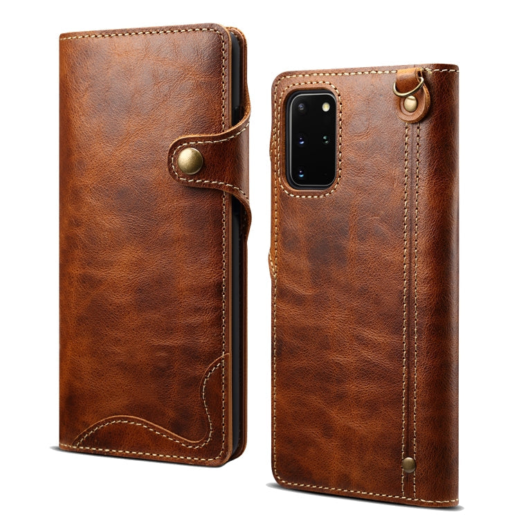 Denior Oil Wax Cowhide Magnetic Button Genuine Leather Case – Magnetic, Card Slot, Leather, For Samsung Galaxy S20+, For Samsung Galaxy S20 Ultra, For Samsung Galaxy Note20, For Samsung Galaxy Note20 Ultra, For Samsung Galaxy S21 5G For Samsung Galaxy S20+ Brown