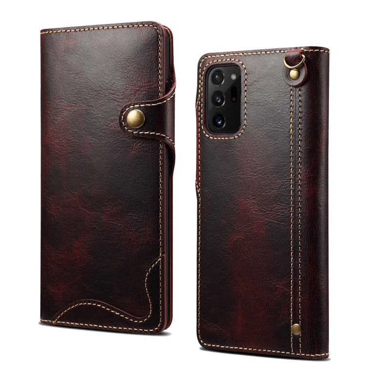 Denior Oil Wax Cowhide Magnetic Button Genuine Leather Case – Magnetic, Card Slot, Leather, For Samsung Galaxy S20+, For Samsung Galaxy S20 Ultra, For Samsung Galaxy Note20, For Samsung Galaxy Note20 Ultra, For Samsung Galaxy S21 5G For Samsung Galaxy Note20 Ultra Dark Red