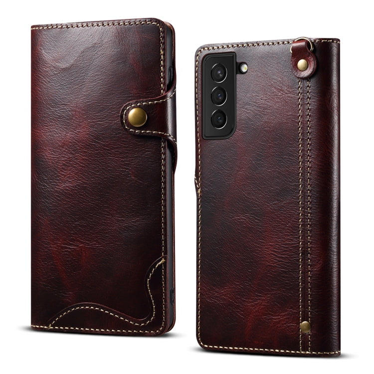 Denior Oil Wax Cowhide Magnetic Button Genuine Leather Case – Magnetic, Card Slot, Leather, For Samsung Galaxy S20+, For Samsung Galaxy S20 Ultra, For Samsung Galaxy Note20, For Samsung Galaxy Note20 Ultra, For Samsung Galaxy S21 5G For Samsung Galaxy S21+ 5G Dark Red