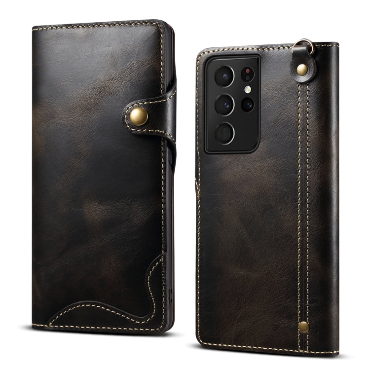 Denior Oil Wax Cowhide Magnetic Button Genuine Leather Case, For Samsung Galaxy S21 Ultra 5G, For Samsung Galaxy S22 5G, For Samsung Galaxy S22+ 5G, For Samsung Galaxy S22 Ultra 5G For Samsung Galaxy S21 Ultra 5G Black