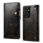 Denior Oil Wax Cowhide Magnetic Button Genuine Leather Case, For Samsung Galaxy S21 Ultra 5G, For Samsung Galaxy S22 5G, For Samsung Galaxy S22+ 5G, For Samsung Galaxy S22 Ultra 5G For Samsung Galaxy S21 Ultra 5G Black