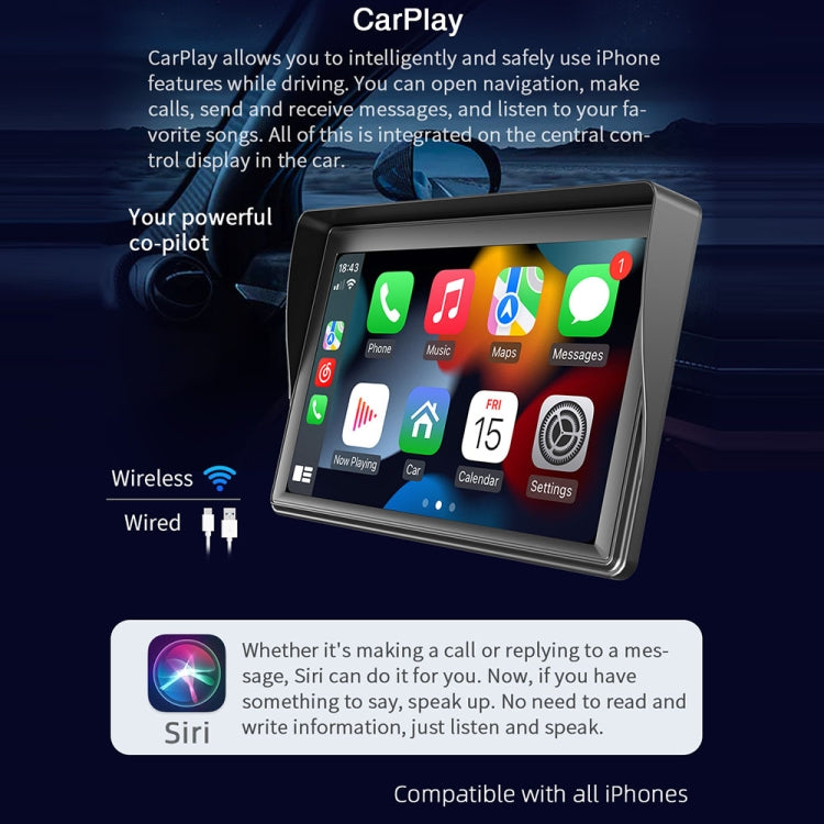 7 inch Wireless CarPlay Radio Multimedia Player 1080P IPS Touch Screen MP5 Radios Bluetooth Monitor, B600W – Bluetooth, TPU