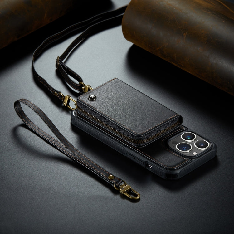 JEEHOOD C22 Series Zipper Wallet Phone Case with Long and Short Lanyard, For iPhone 14, For iPhone 14 Plus, For iPhone 14 Pro, For iPhone 14 Pro Max For iPhone 14 Black