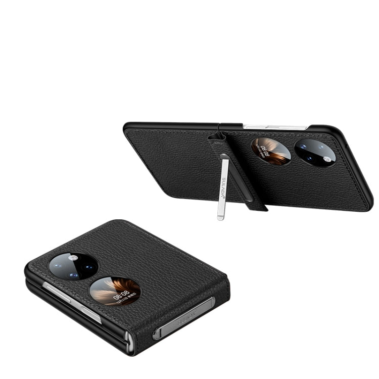 Invisible Bracket Leather Back Cover Phone Case – Leather, TPU, For Huawei P50 Pocket, For Samsung Galaxy Z Flip4, For Samsung Galaxy Z Flip3 5G