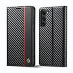 LC.IMEEKE Carbon Fiber PU + TPU Horizontal Flip Leather Phone Case, For Samsung Galaxy S23 5G, For Samsung Galaxy S23+ 5G, For Samsung Galaxy S23 Ultra 5G For Samsung Galaxy S23 5G Vertical Black