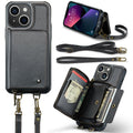 JEEHOOD C22 Series Zipper Wallet Leather Phone Case with Dual Lanyard – Wear-resistant, Lanyard, Card Slot, For iPhone 13, For iPhone 13 Pro, For iPhone 13 Pro Max, For iPhone 12 For iPhone 13 Black