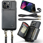 JEEHOOD C22 Series Zipper Wallet Leather Phone Case with Dual Lanyard – Wear-resistant, Lanyard, Card Slot, For iPhone 13, For iPhone 13 Pro, For iPhone 13 Pro Max, For iPhone 12 For iPhone 13 Black