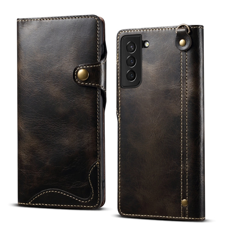 Denior Oil Wax Cowhide Magnetic Button Leather Phone Case, For Samsung Galaxy S23 5G, For Samsung Galaxy S23+ 5G, For Samsung Galaxy S23 Ultra 5G For Samsung Galaxy S23 5G Black
