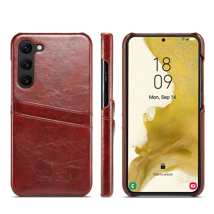 Fierre Shann Oil Wax Texture Leather Phone Case with Card Slots, For Samsung Galaxy S23 5G, For Samsung Galaxy S23+ 5G, For Samsung Galaxy S23 Ultra 5G For Samsung Galaxy S23 5G Brown