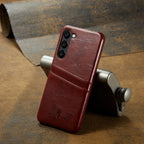 Fierre Shann Oil Wax Texture Leather Phone Case with Card Slots, For Samsung Galaxy S23 5G, For Samsung Galaxy S23+ 5G, For Samsung Galaxy S23 Ultra 5G