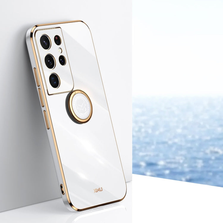 XINLI Straight Edge 6D Electroplate TPU Phone Case with Ring Holder – Ring Holder, TPU, For Samsung Galaxy S21 5G, For Samsung Galaxy S21+ 5G, For Samsung Galaxy S21 Ultra 5G For Samsung Galaxy S21 Ultra 5G White