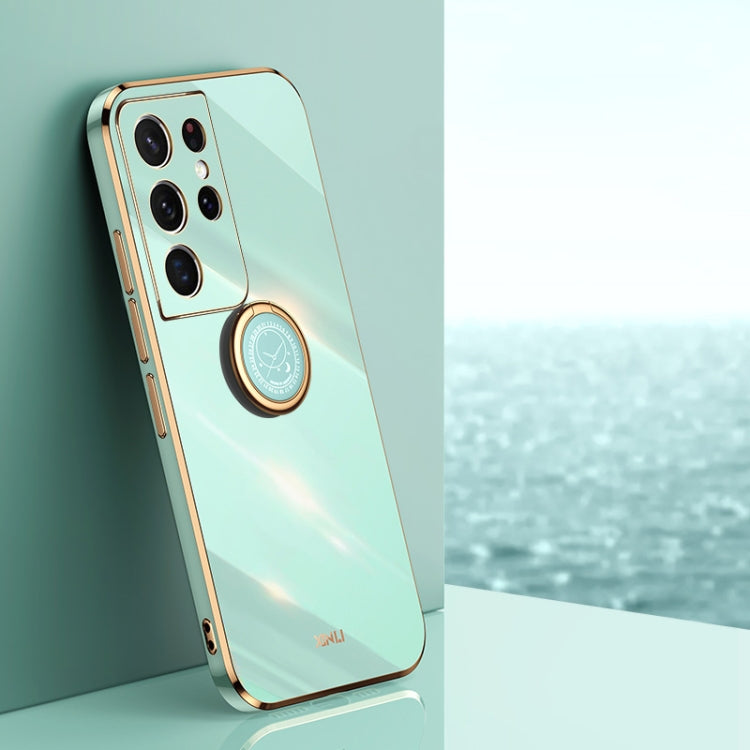 XINLI Straight Edge 6D Electroplate TPU Phone Case with Ring Holder – Ring Holder, TPU, For Samsung Galaxy S21 5G, For Samsung Galaxy S21+ 5G, For Samsung Galaxy S21 Ultra 5G For Samsung Galaxy S21 Ultra 5G Mint Green