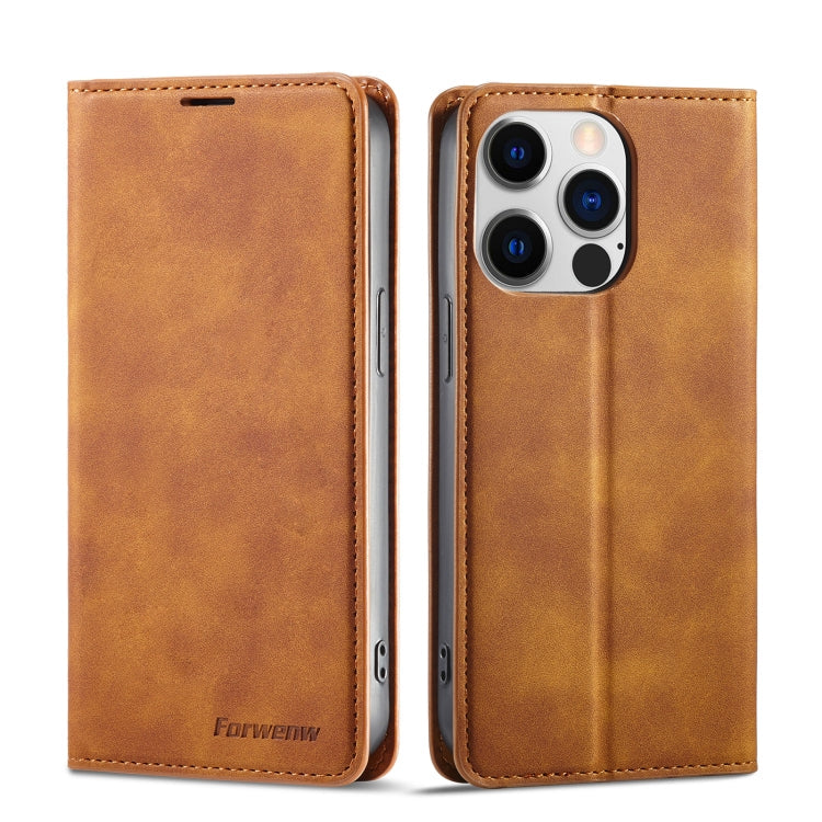 Forwenw Dream Series Oil Edge Strong Magnetism Leather Phone Case, For iPhone 14 Pro Max For iPhone 14 Pro Max Brown