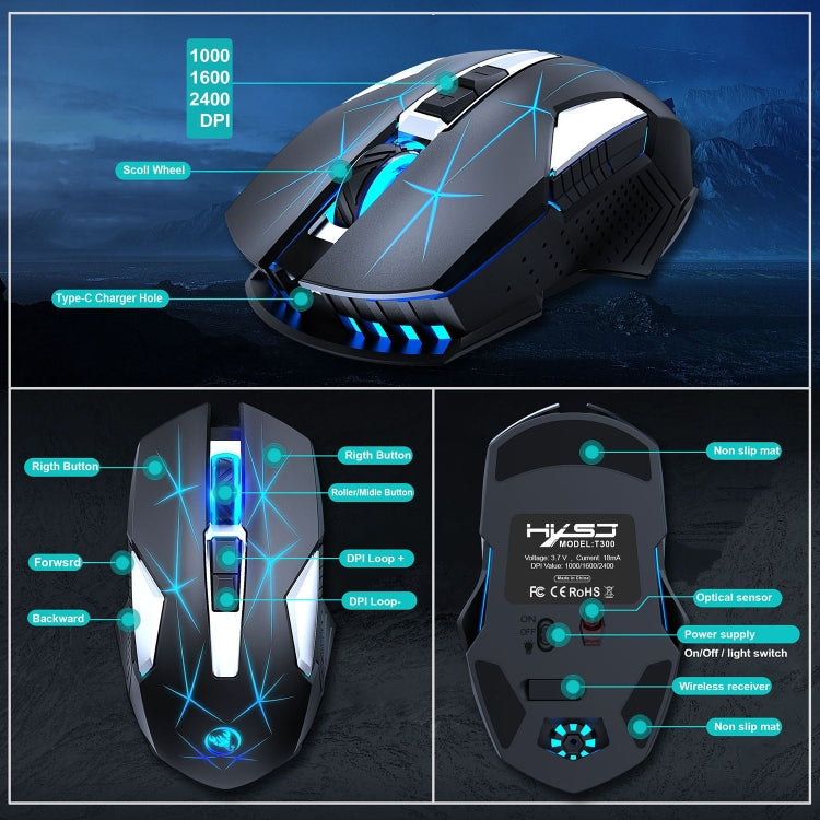 HXSJ T300 7 Keys 2400DPI 2.4G Colorful Luminous Wireless Mouse, T300 Black, T300 White – Durable Build, Easy to Use