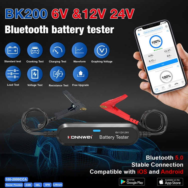 KONNWEI BK200 6V/12V/24V Car Bluetooth Battery Tester – Bluetooth, 4K