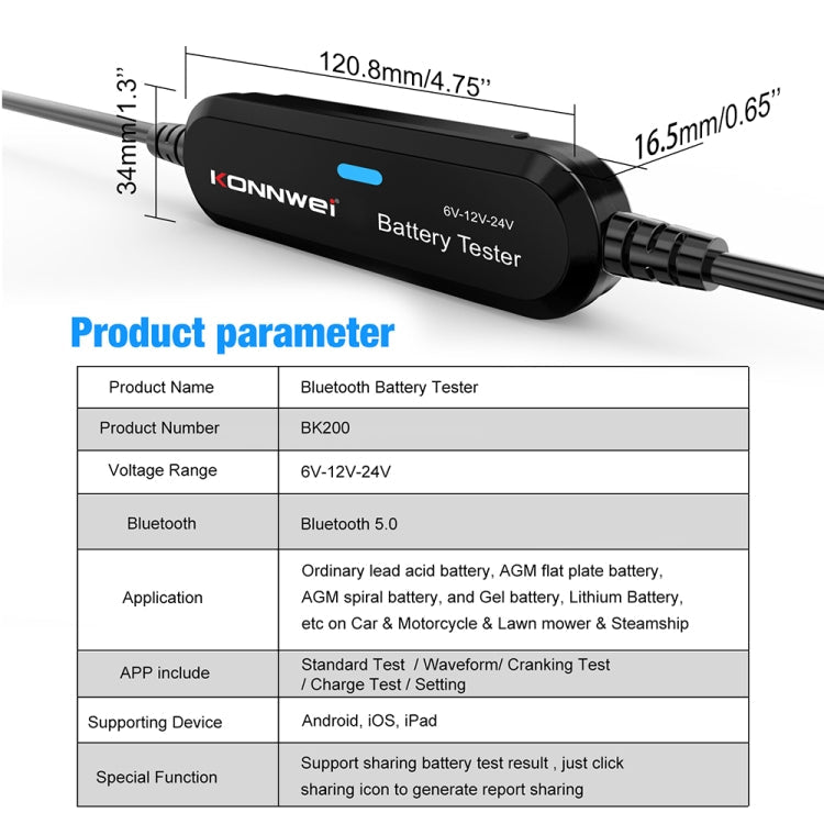 KONNWEI BK200 6V/12V/24V Car Bluetooth Battery Tester – Bluetooth, 4K