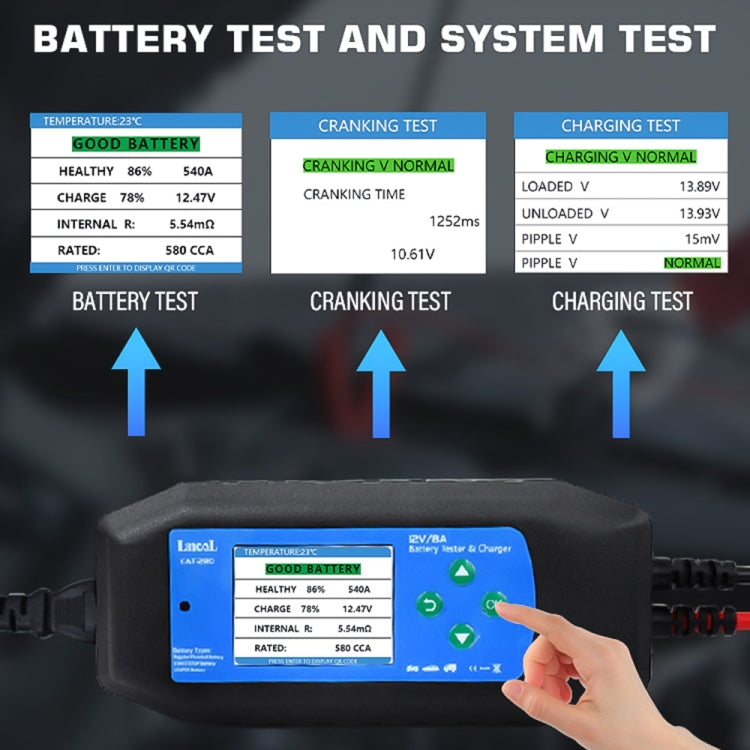 CAT-280 2 in 1 Car Battery Charger & Color Screen Battery Tester, EU Plug – Waterproof