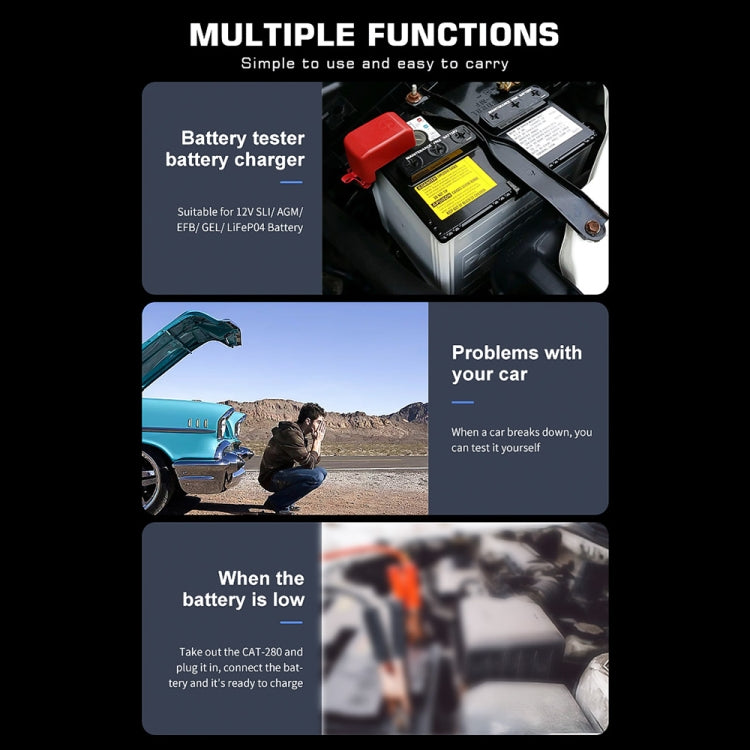 CAT-280 2 in 1 Car Battery Charger & Color Screen Battery Tester, EU Plug – Waterproof