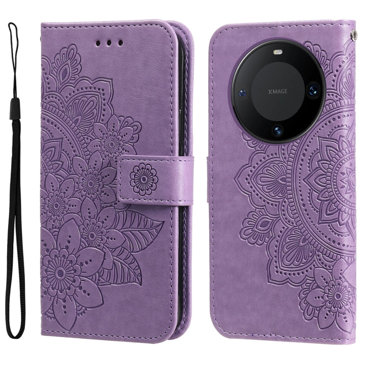 Seven-petal Flowers Embossing Leather Phone Case – Wear-resistant, Card Slot, Kickstand, For Huawei Mate 60, For Huawei Mate 60 Pro, For Huawei Enjoy 60X, For Huawei nova 11 Pro