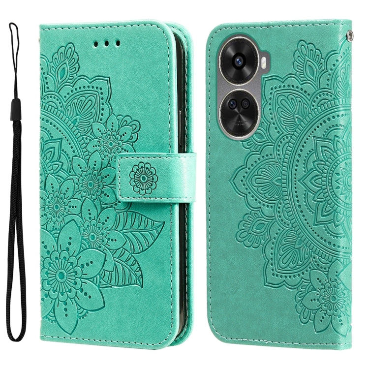 Seven-petal Flowers Embossing Leather Phone Case – Wear-resistant, Card Slot, Kickstand, For Huawei Enjoy 70 Pro, For Huawei Enjoy 70, For Huawei nova 11 SE, For Huawei nova 12 Pro For Huawei nova 11 SE Green