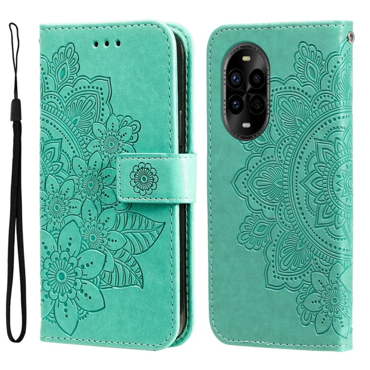 Seven-petal Flowers Embossing Leather Phone Case – Wear-resistant, Card Slot, Kickstand, For Huawei nova 14, For Huawei Enjoy 80, For Huawei nova 13 Pro, For Huawei nova 13 / nova 12 For Huawei nova 13 Pro Green