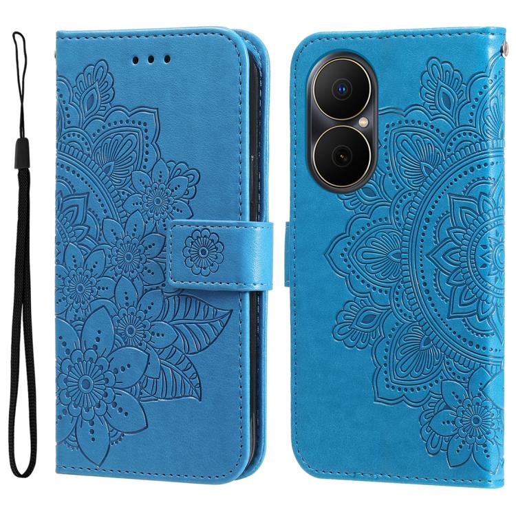 Seven-petal Flowers Embossing Leather Phone Case – Wear-resistant, Card Slot, Kickstand, For Huawei nova 14, For Huawei Enjoy 80, For Huawei nova 13 Pro, For Huawei nova 13 / nova 12 For Huawei Enjoy 80 Blue