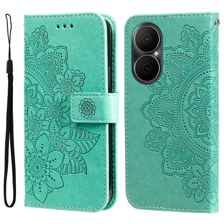 Seven-petal Flowers Embossing Leather Phone Case – Wear-resistant, Card Slot, Kickstand, For Huawei nova 14, For Huawei Enjoy 80, For Huawei nova 13 Pro, For Huawei nova 13 / nova 12 For Huawei Enjoy 80 Green