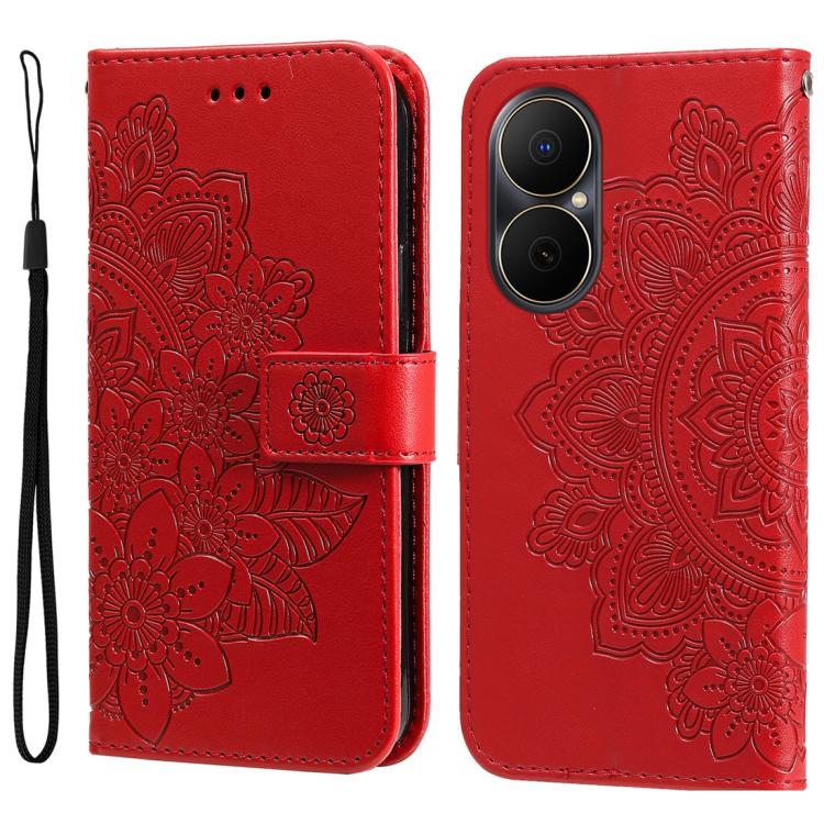 Seven-petal Flowers Embossing Leather Phone Case – Wear-resistant, Card Slot, Kickstand, For Huawei nova 14, For Huawei Enjoy 80, For Huawei nova 13 Pro, For Huawei nova 13 / nova 12 For Huawei Enjoy 80 Red