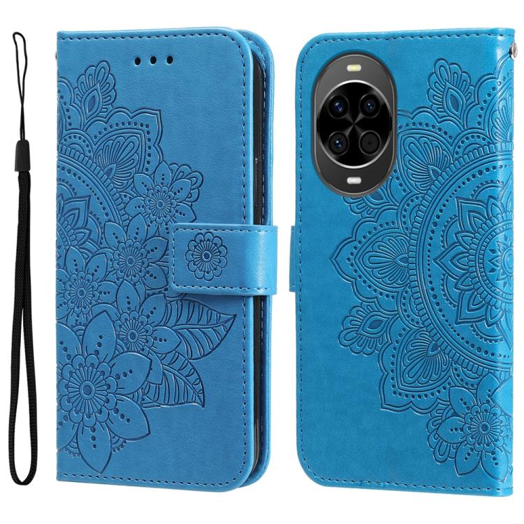 Seven-petal Flowers Embossing Leather Phone Case – Wear-resistant, Card Slot, Kickstand, For Huawei nova 14, For Huawei Enjoy 80, For Huawei nova 13 Pro, For Huawei nova 13 / nova 12 For Huawei nova 14 Blue