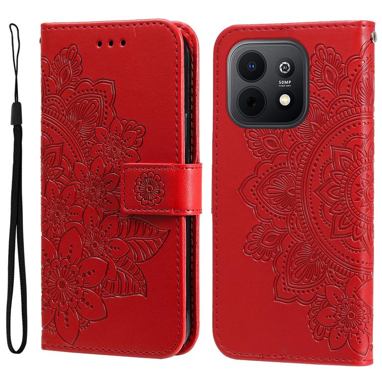 Seven-petal Flowers Embossing Leather Phone Case – Wear-resistant, Card Slot, Kickstand, For Huawei nova 16, For Huawei Enjoy 90 Pro Max 5G, For Huawei Enjoy 90 / Enjoy 90 Plus 5G, For Huawei Enjoy 80 Plus For Huawei Enjoy 90 Enjoy 90 Plus 5G Red