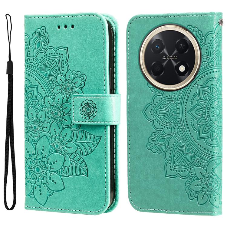 Seven-petal Flowers Embossing Leather Phone Case – Wear-resistant, Card Slot, Kickstand, For Huawei nova 16, For Huawei Enjoy 90 Pro Max 5G, For Huawei Enjoy 90 / Enjoy 90 Plus 5G, For Huawei Enjoy 80 Plus For Huawei Enjoy 90 Pro Max 5G Green