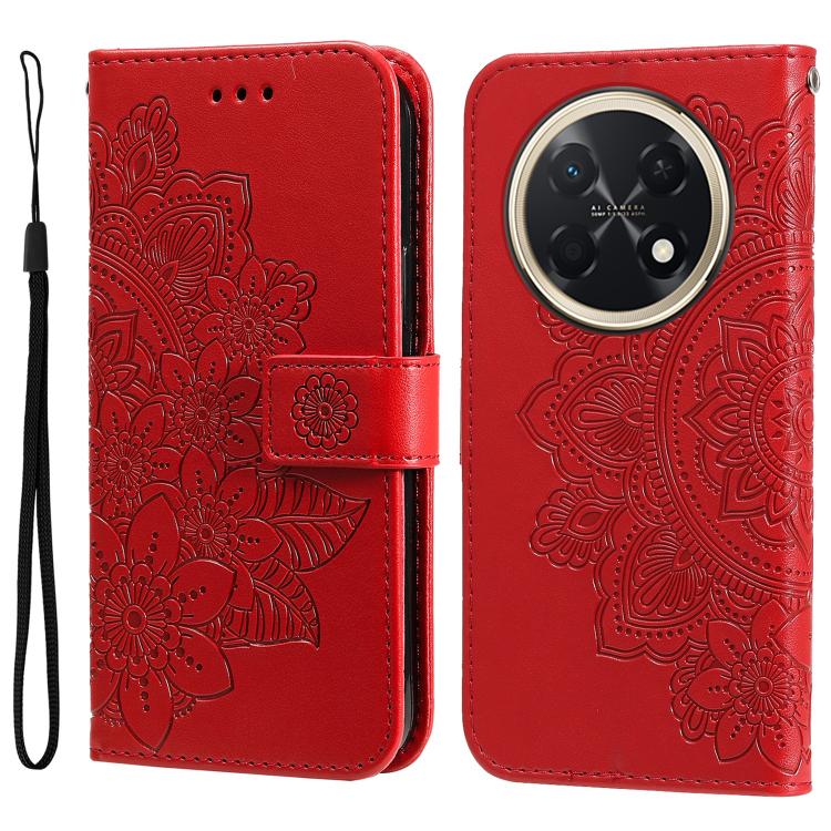 Seven-petal Flowers Embossing Leather Phone Case – Wear-resistant, Card Slot, Kickstand, For Huawei nova 16, For Huawei Enjoy 90 Pro Max 5G, For Huawei Enjoy 90 / Enjoy 90 Plus 5G, For Huawei Enjoy 80 Plus For Huawei Enjoy 90 Pro Max 5G Red