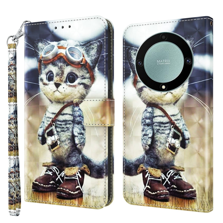 3D Painted Pattern Leather Phone Case – Wear-resistant, Card Slot, Leather, For Honor Magic5 Lite For Honor Magic5 Lite Naughty Cat