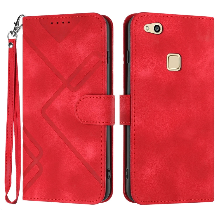 Line Pattern Skin Feel Leather Phone Case – Wear-resistant, Lanyard, Card Slot, For Huawei Mate 10 Pro, For Huawei P10 Lite For Huawei P10 Lite Red
