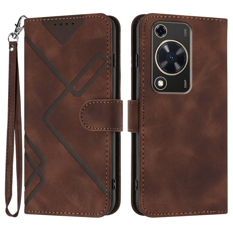Line Pattern Skin Feel Leather Phone Case – Wear-resistant, Lanyard, Card Slot, For Huawei Enjoy 70, For Huawei P60 / P60 Pro, For Huawei Enjoy 50 Pro / nova Y90, For Huawei Enjoy 50 / nova Y70 For Huawei Enjoy 70 Coffee