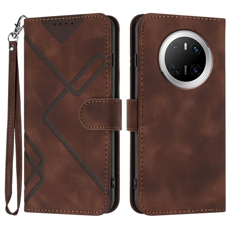 Line Pattern Skin Feel Leather Phone Case – Wear-resistant, Lanyard, Card Slot, For Huawei Enjoy 80 Plus, For Huawei Pura 80 5G, For Huawei Mate 70 Pro / Mate 70 Pro+, For Huawei Mate 70 For Huawei Mate 70 Coffee
