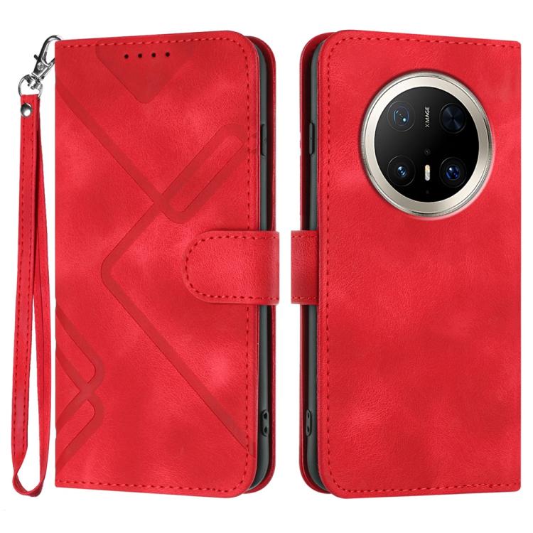 Line Pattern Skin Feel Leather Phone Case – Wear-resistant, Lanyard, Card Slot, For Huawei Enjoy 80 Plus, For Huawei Pura 80 5G, For Huawei Mate 70 Pro / Mate 70 Pro+, For Huawei Mate 70 For Huawei Mate 70 Pro Mate 70 Pro+ Red