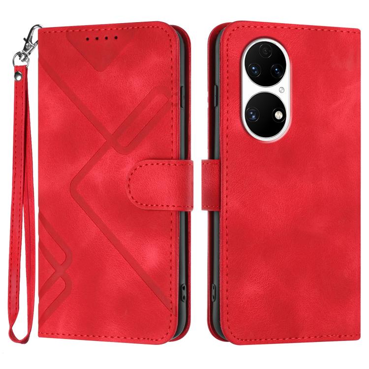 Line Pattern Skin Feel Leather Phone Case – Wear-resistant, Lanyard, Card Slot, For Huawei Enjoy 20e, For Huawei P50 Pro, For Huawei P50, For Huawei Enjoy 20 SE 4G For Huawei P50 Red