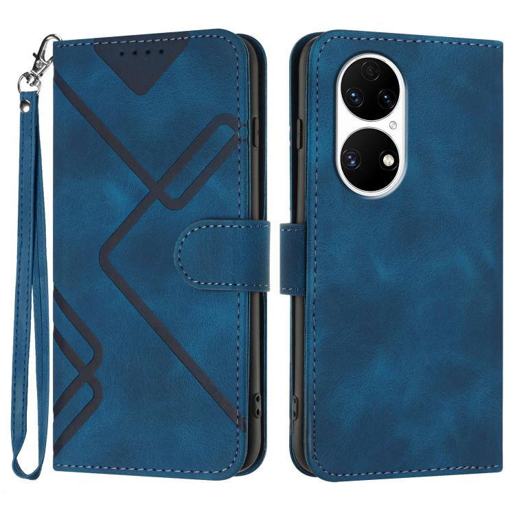 Line Pattern Skin Feel Leather Phone Case – Wear-resistant, Lanyard, Card Slot, For Huawei Enjoy 20e, For Huawei P50 Pro, For Huawei P50, For Huawei Enjoy 20 SE 4G For Huawei P50 Royal Blue