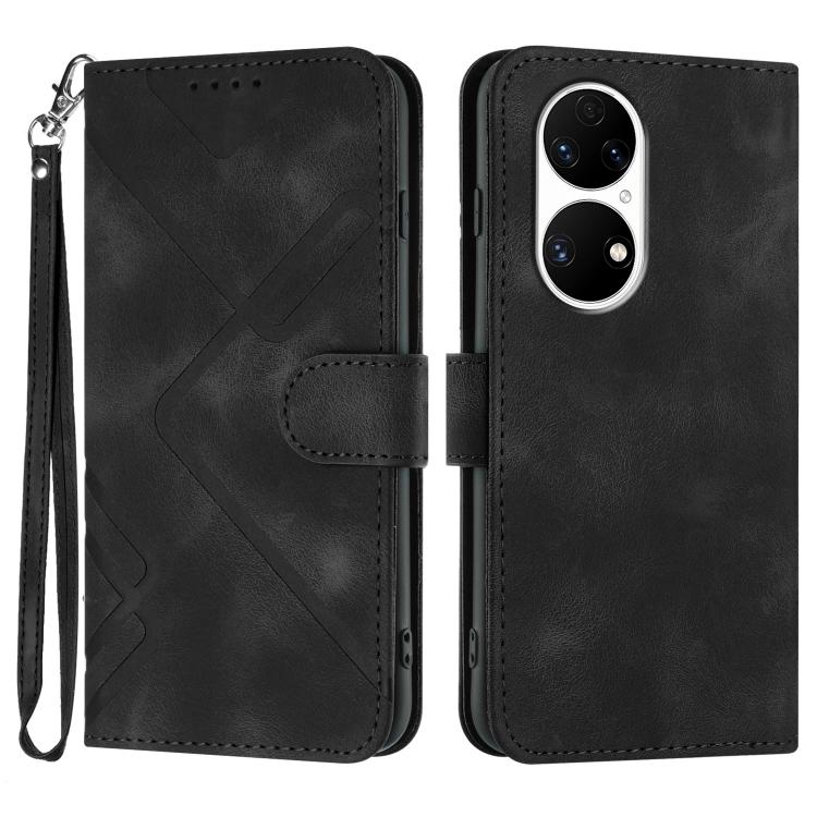 Line Pattern Skin Feel Leather Phone Case – Wear-resistant, Lanyard, Card Slot, For Huawei Enjoy 20e, For Huawei P50 Pro, For Huawei P50, For Huawei Enjoy 20 SE 4G For Huawei P50 Black