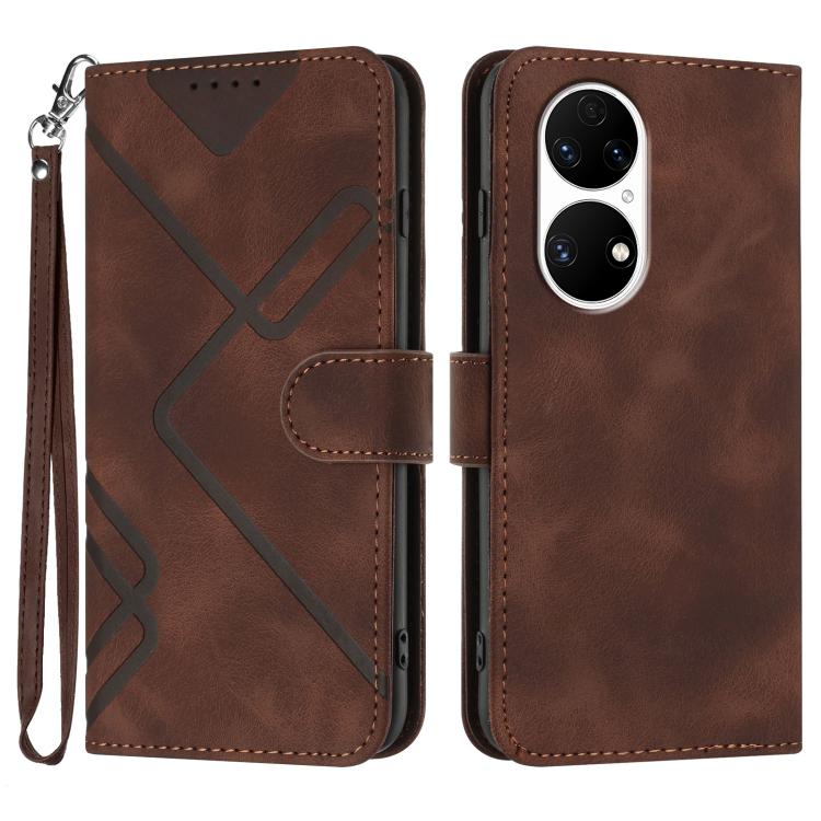 Line Pattern Skin Feel Leather Phone Case – Wear-resistant, Lanyard, Card Slot, For Huawei Enjoy 20e, For Huawei P50 Pro, For Huawei P50, For Huawei Enjoy 20 SE 4G For Huawei P50 Coffee