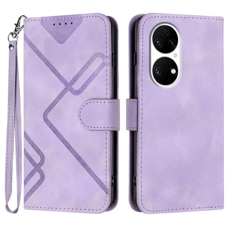 Line Pattern Skin Feel Leather Phone Case – Wear-resistant, Lanyard, Card Slot, For Huawei Enjoy 20e, For Huawei P50 Pro, For Huawei P50, For Huawei Enjoy 20 SE 4G For Huawei P50 Light Purple