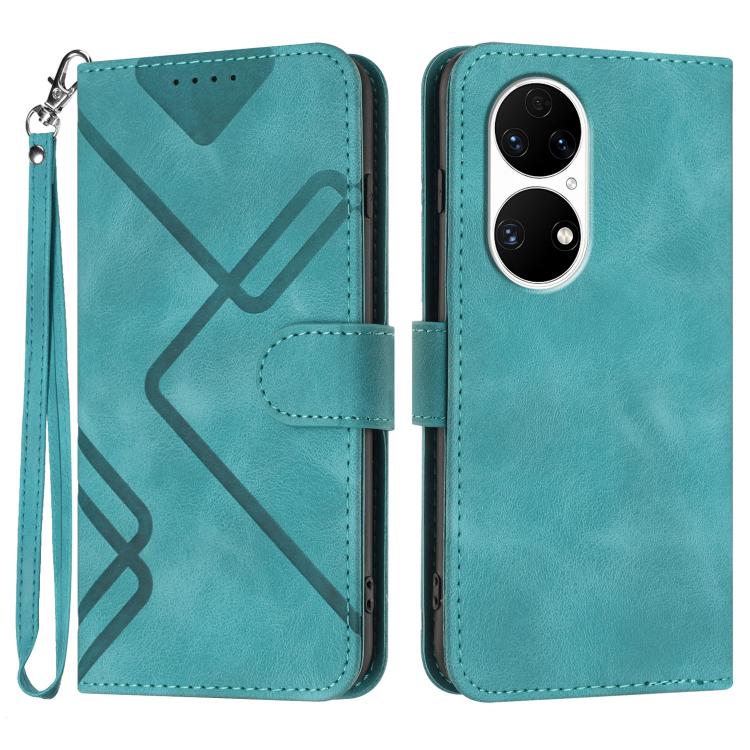 Line Pattern Skin Feel Leather Phone Case – Wear-resistant, Lanyard, Card Slot, For Huawei Enjoy 20e, For Huawei P50 Pro, For Huawei P50, For Huawei Enjoy 20 SE 4G For Huawei P50 Light Blue