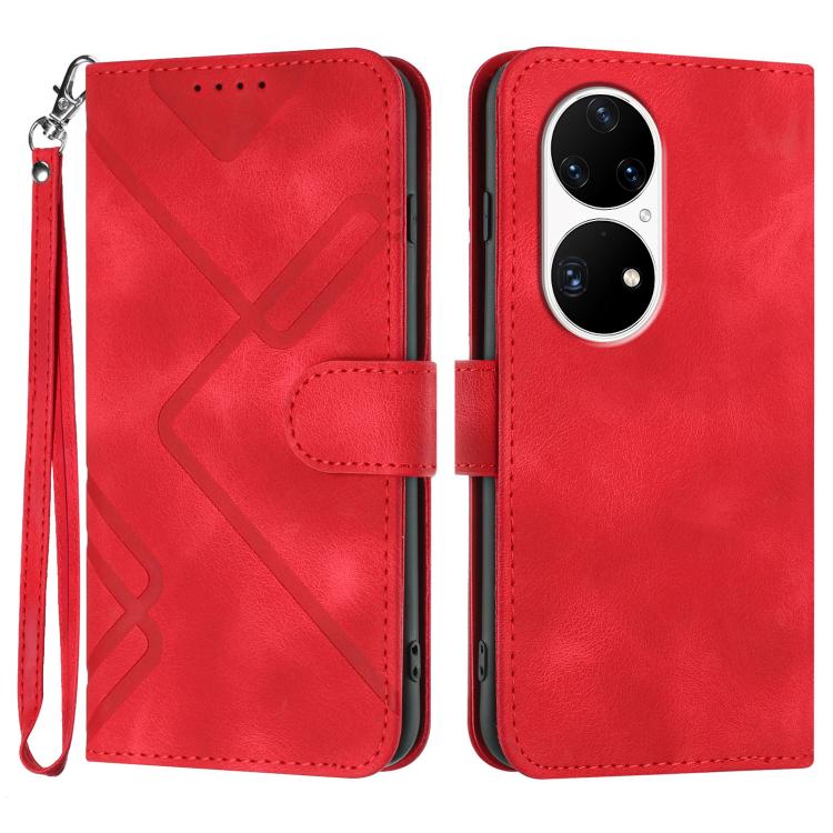 Line Pattern Skin Feel Leather Phone Case – Wear-resistant, Lanyard, Card Slot, For Huawei Enjoy 20e, For Huawei P50 Pro, For Huawei P50, For Huawei Enjoy 20 SE 4G For Huawei P50 Pro Red
